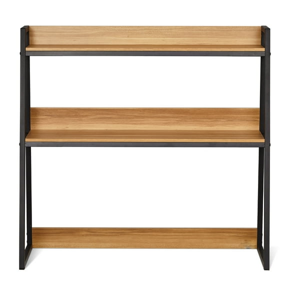 KFFKFF Tabletop Bookcase, Dual-Level Desk Organizer, Dimensions 37.4" x 12.6" x 35.4", Office Storage Stand in Natural Wood Hue, Tabletop Bookcase Hutch Equipped with Non-Slip Foot Pads