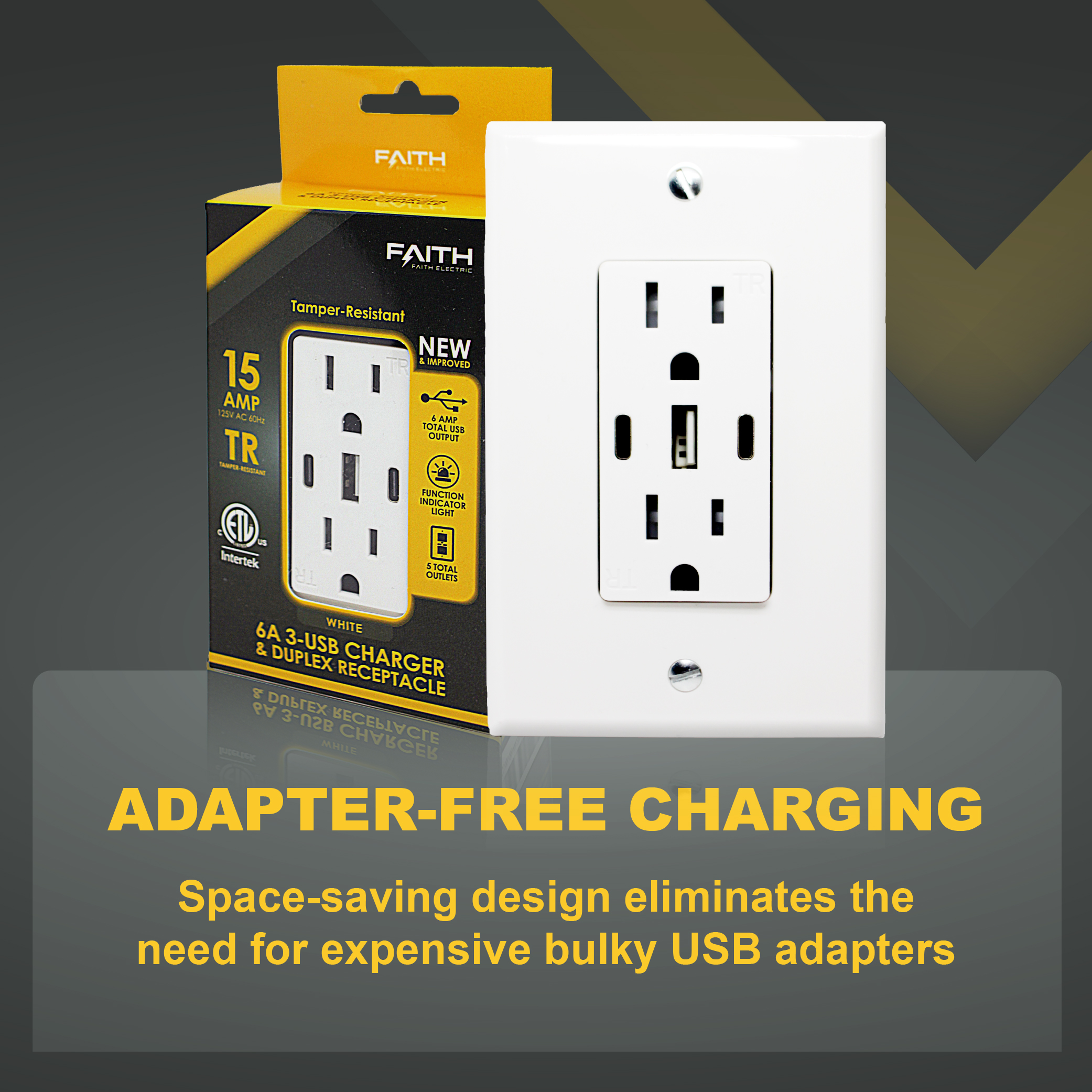 Faith 4.17 in. x 1.74 in. White 15A Tamper Resistant Duplex Receptacle Outlet with USB Ports for Type C and Type A and Screwless Wall Plate UC2A1-15A6ASP, Electrical Outlet and USB Wall Charger
