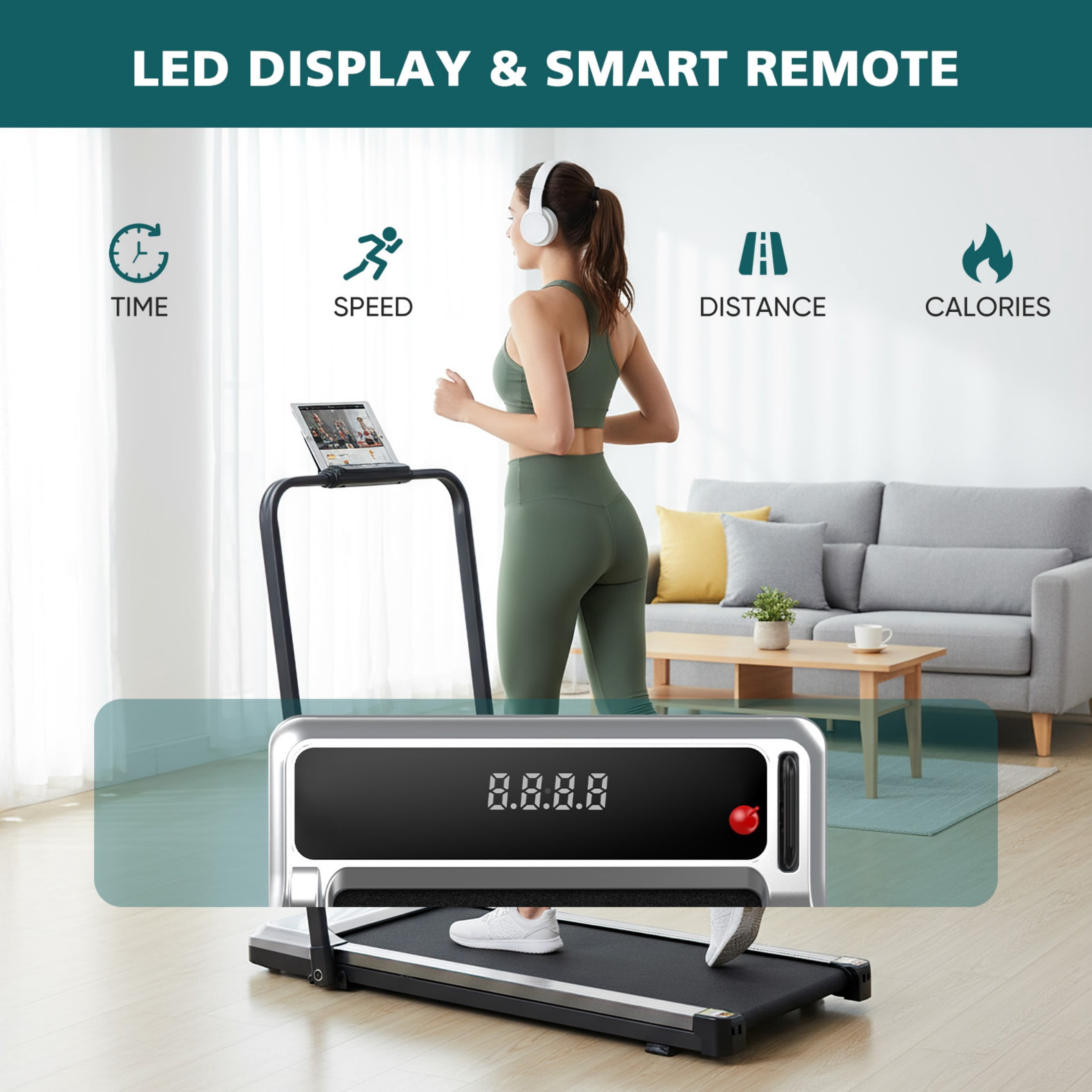 SHOUFTW Under Desk Treadmill with Handle, Portable Quiet Walking Pad with LED Display & Remote, Space-Saving for Home/Office (Silver)