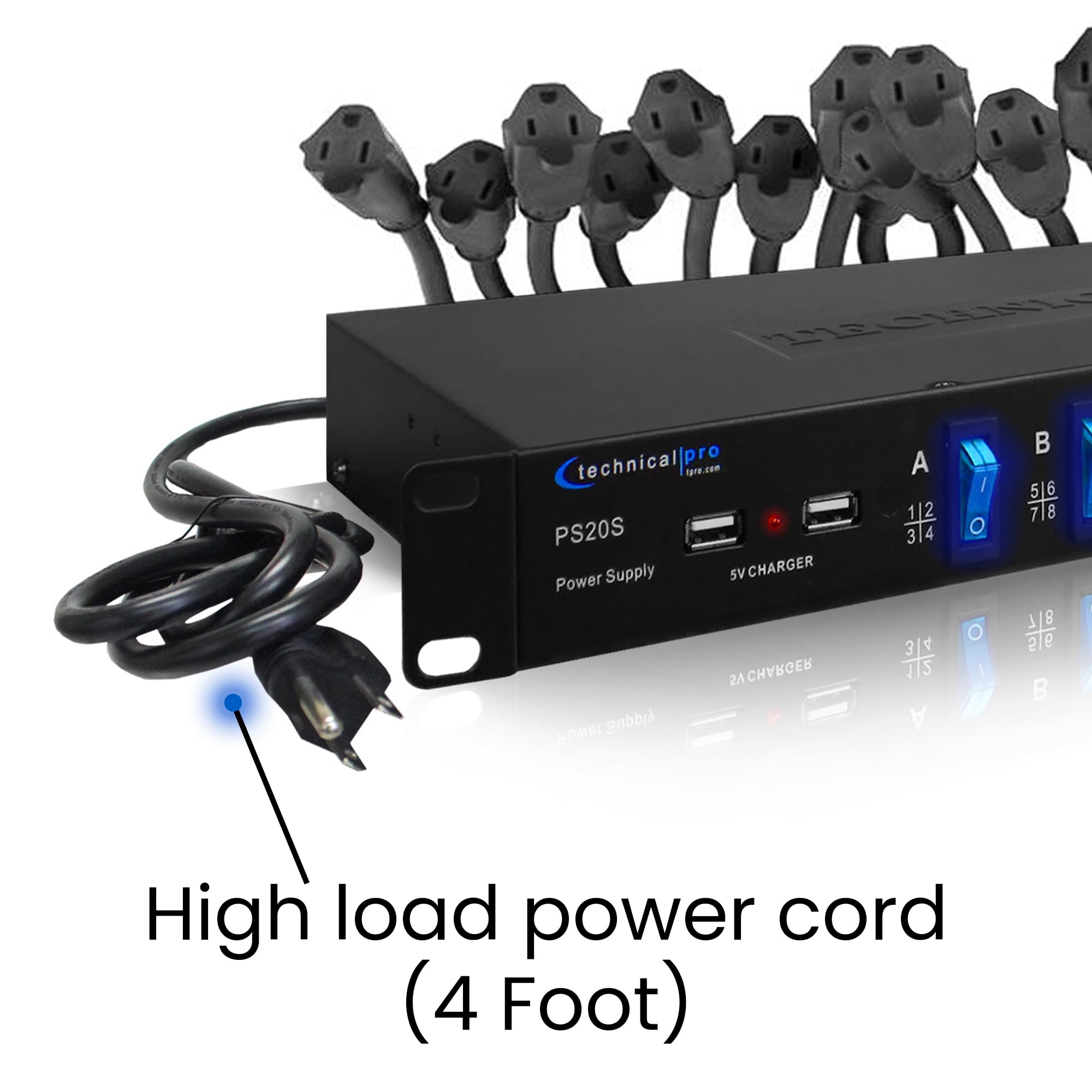 Power Strip Surge Protector, 19-Inch Rack Mount,  20 Outlets – 16 Rear 120V 3-Prong Sockets, 4 Front AC Outlets, 3 USB Ports, 5V Charging, Ideal for Home, Office & Server Rack by Technical Pro