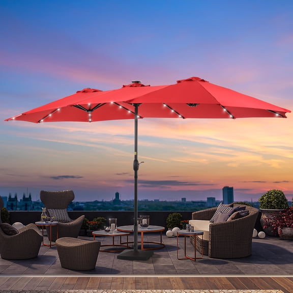 ACEGOSES 15 x 9ft LED Double-Sided Patio Market Umbrella Outdoor with LED Lights for Garden, Deck and Pool,Red