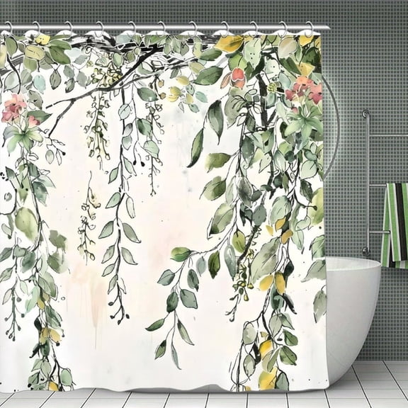 Leaves Flowers Branch Print Shower Curtain,Modern Fabric Waterproof Shower Curtain Set with Hooks,70.8×70.8Inch