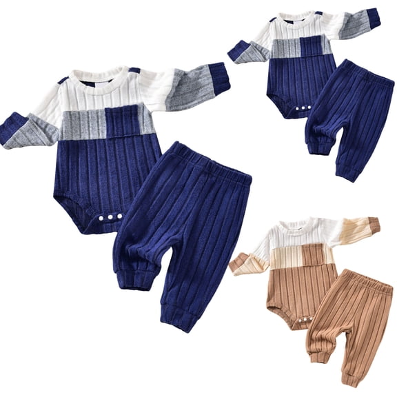 WUANDIXFA Baby Boy Clothes Color Block Ribbed Knitted Outfits Long Sleeve Romper  Pants 2PCS Outfit 0-12 Months (Khaki, 6-12 Months)