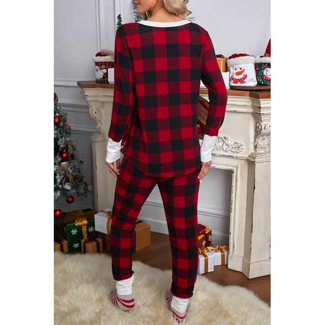 ABPHQTO Conjunto de salón con pantalón y top de manga larga con estampado de cuadros rojos para mujer