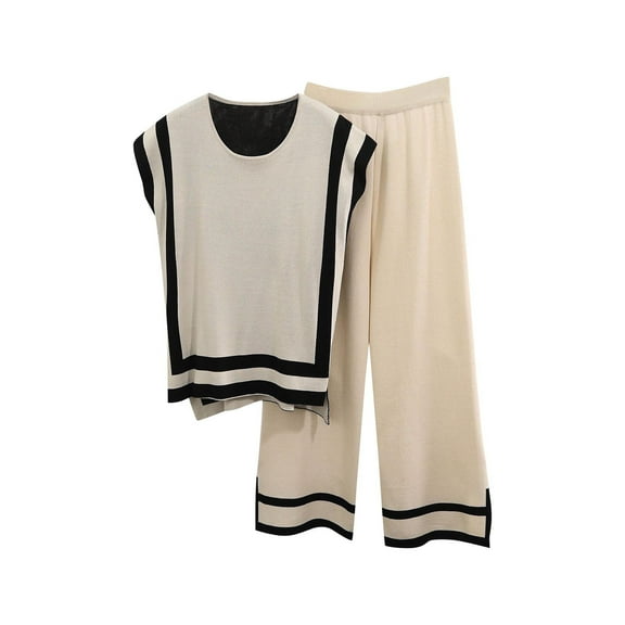 Nrmvnmi 2 Piece Outfits for Women Casual Dressy Knit Lounge Sets Cap Sleeve High Low Top and Elastic Waisted Wide Leg Pants Beige Free SizeMothers Day Gifts
