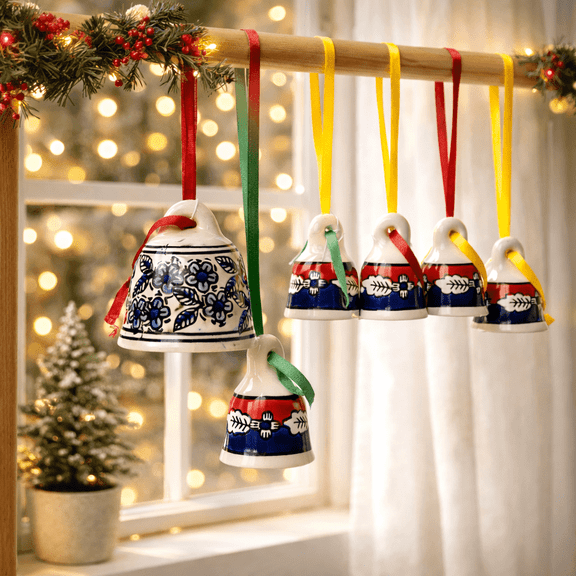 Natriel Handcrafted Ceramic Hanging Bells, White Red and Blue, Christmas Ornament Decorations, Set of 5