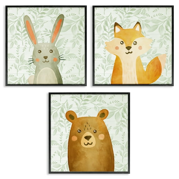 Stupell Industries Joyful Woodland Animals Floral Painting Black Framed Art Print Wall Art, 12 x 12, Set of 3