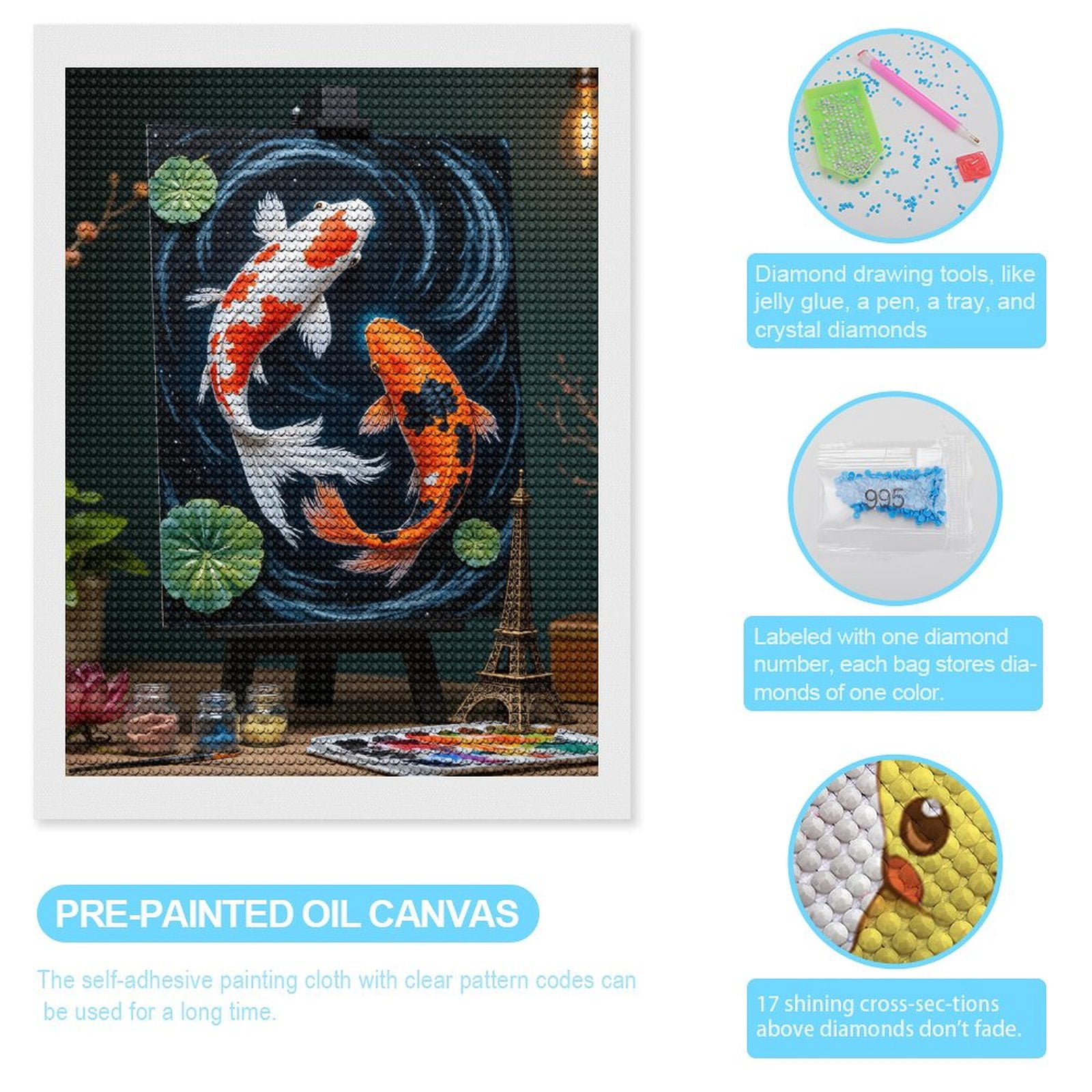 Diamond Art Kits for Adults, Koi Painting Art Canvas Scene 5D Diamond Painting Kits for Adults Beginners, DIY Full Drill Diamond Painting, Gem Art and Crafts 12x16