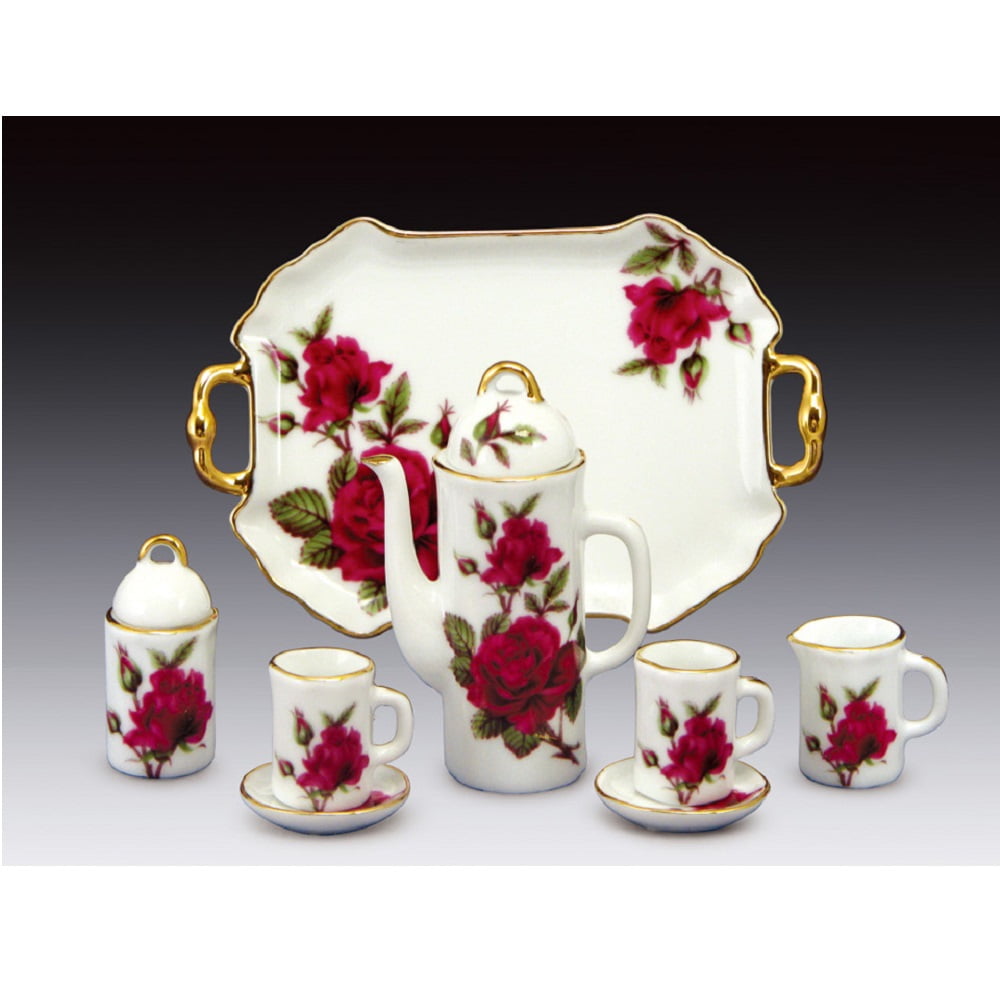 Miniature Porcelain 10 Piece Tea Set with Rose Pattern New