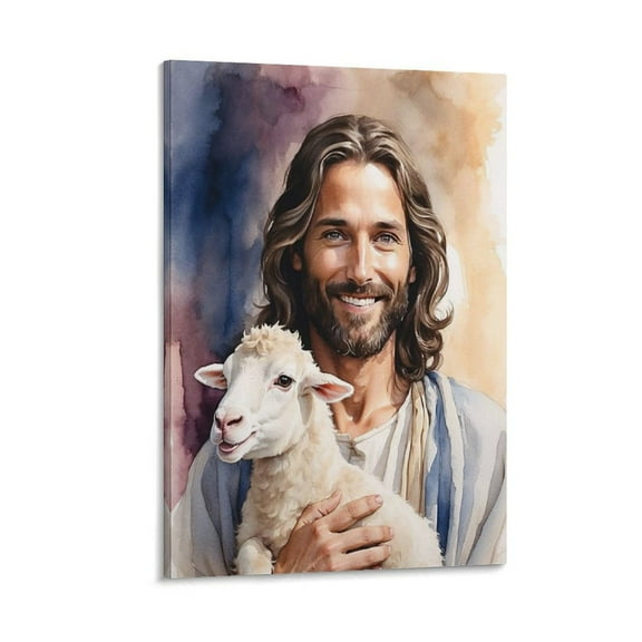 Smiling Jesus Wall Art Jesus Holding The Lamb Typographic Poster Bible Watercolor Art Wall Art Poster Gifts Bedroom Prints Home Decor Hanging Picture Canvas Painting Posters 24x36inch(60x90cm)