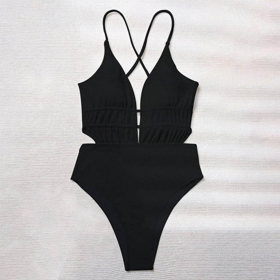 UTSJKR Deep V Neck Swimsuit for Women Criss Cross Back Tie Sexy Slimming Bathing Suits Tummy Control Strappy Swimwear Black S