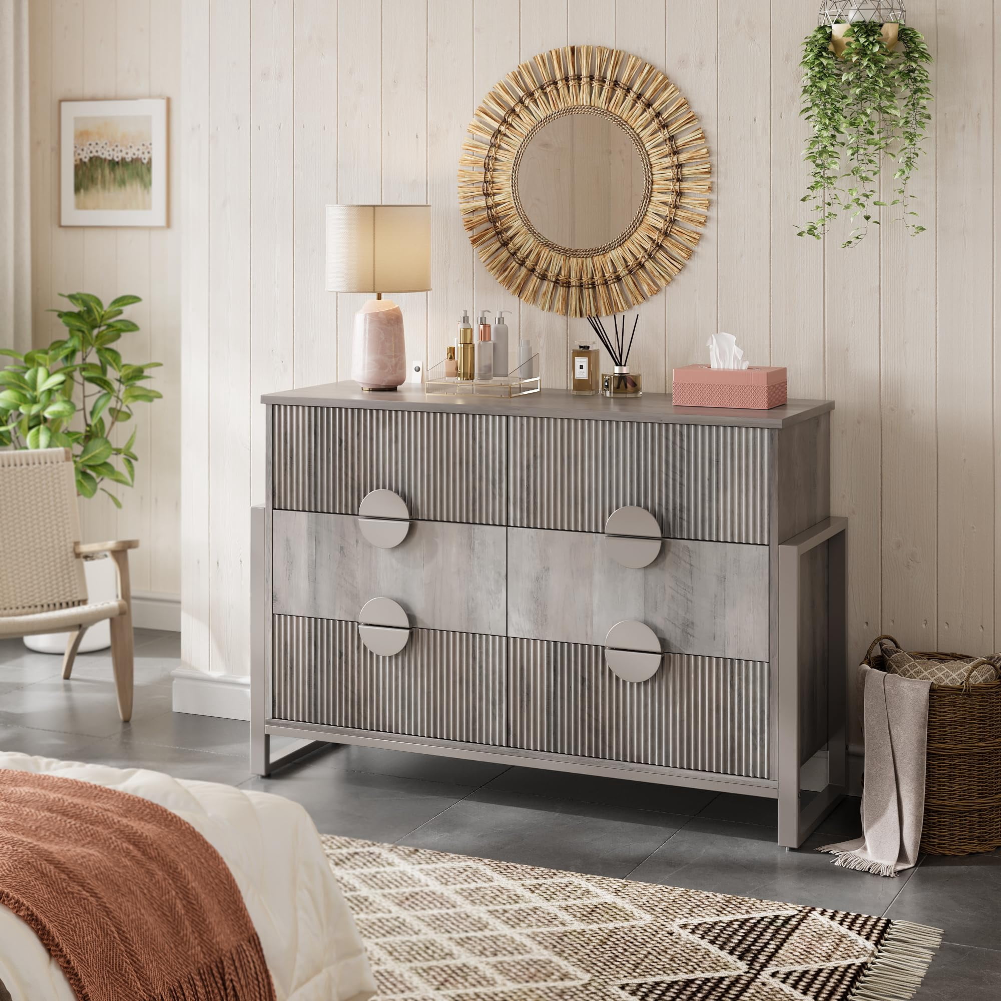 Gray 6 Drawer Dresser for Bedroom, Modern Wide Chest Of Drawers Wood Storage Cabinet for Living Room