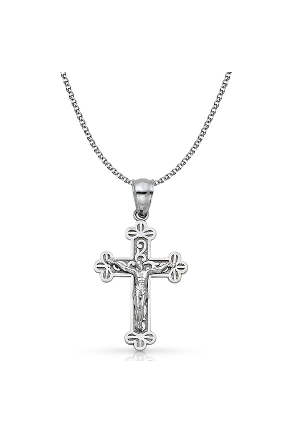 14K White Gold Jesus Crucifix Cross Pendant with 1.2mm Flat Open Wheat Chain Chain Necklace - 16"