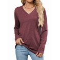 thumbnail image 2 of Womens T Shirts V Neck Long Sleeve Casual Tops Soft Solid Basic Tee Jujube Red XXL, 2 of 9