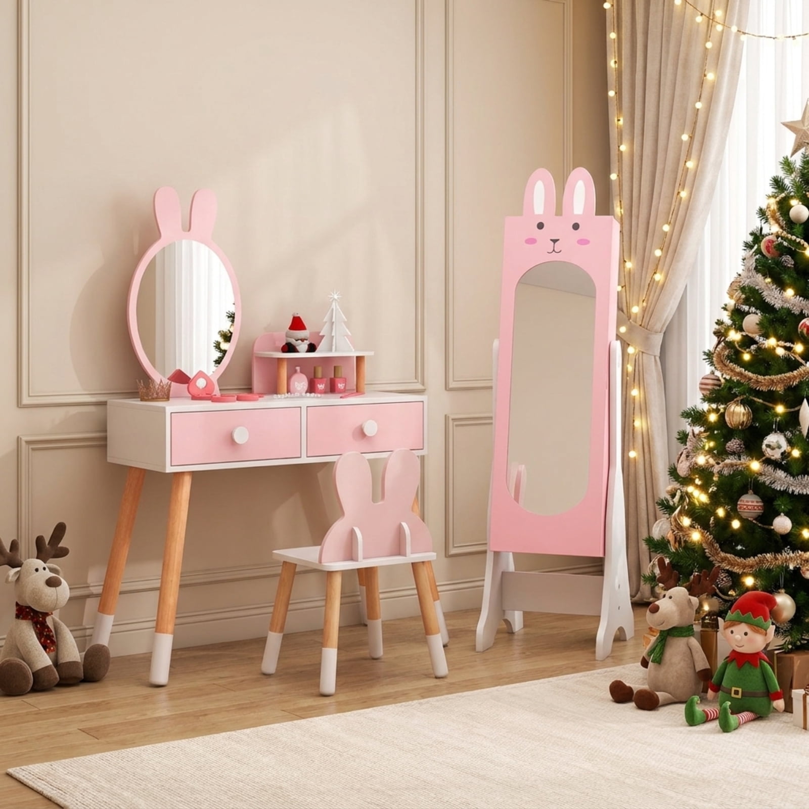 Furnibear Kids Room Furniture Set with Princess Vanity Table and Chair and Jewelry Armoire Mirror for Girls Bedroom, Pink