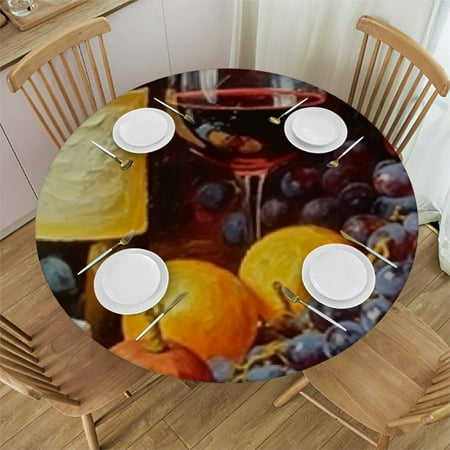 

Autua Wine Cheese Grapes Round Tablecloth Stain-Resistant Washable Indoor Outdoor Restaurant Party 100% Polyester Outdoor Fitted 42 -46