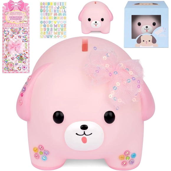 NIGOWAYS Piggy Bank for Girls,Unbreakable Plastic Puppy Money Bank with DIY Stickers and Rhinestone Bow Tie,Cute Coin Bank for Kids Birthday (Pink)