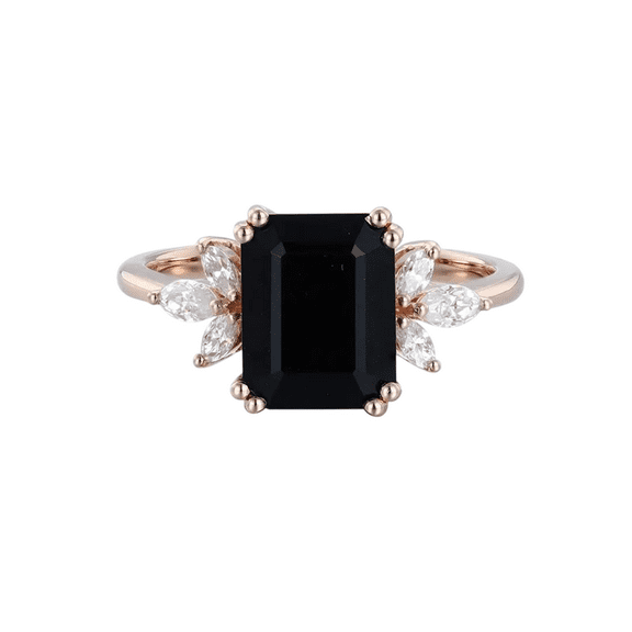 Octagon-Cut Natural Black Onyx & Moissanite Solitaire Engagement Ring in 925 Sterling Silver – Elegant and Bold Jewelry for Women