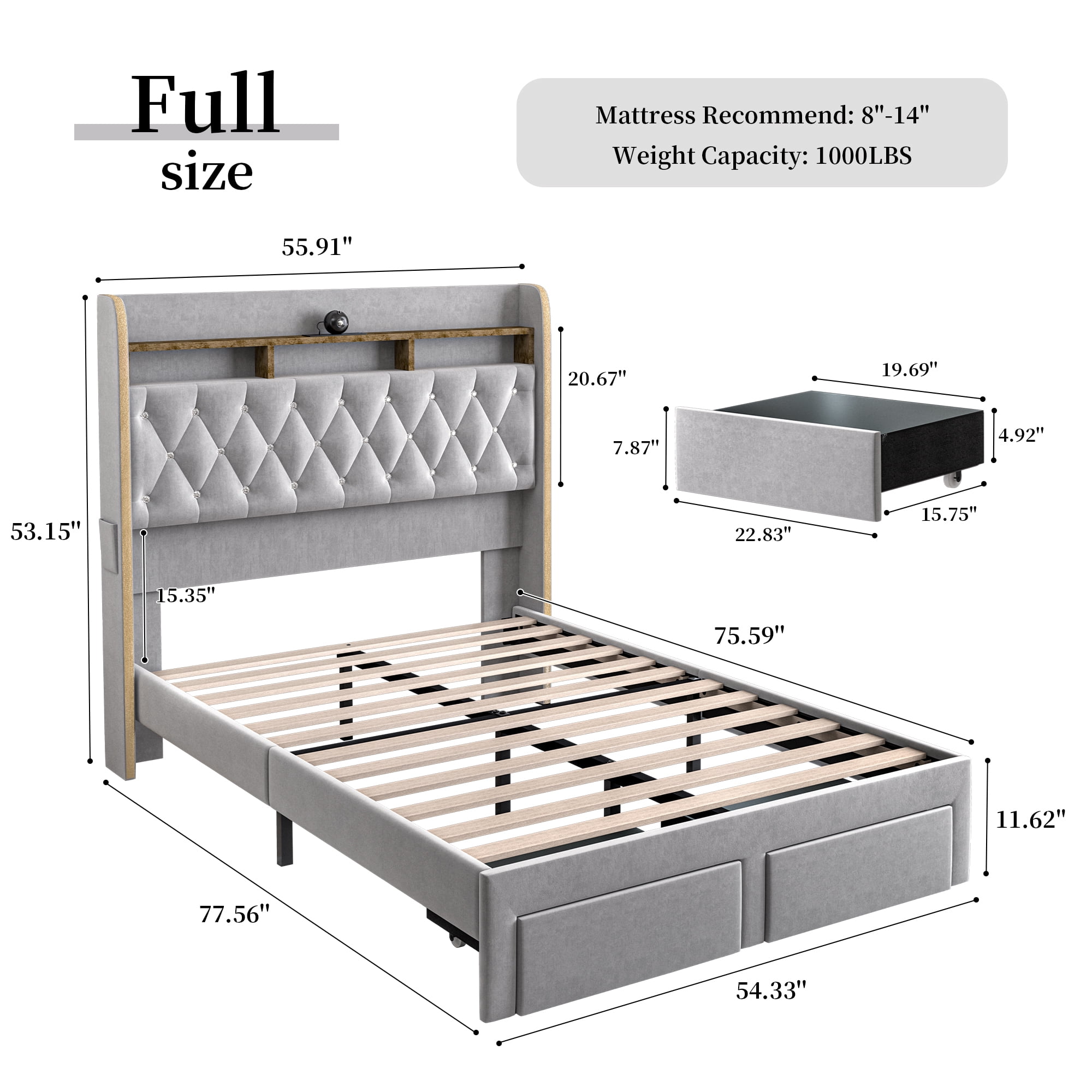 SIBEDS LED Bed Frame with 2 Storage Drawers and Galaxy Star Projector Velvet Upholstered Gray Tufted Wingback Headboard, Full