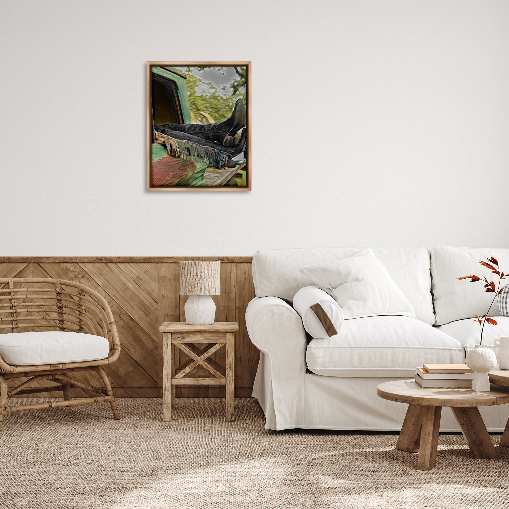 Stupell Industries Relaxing Cowgirl in Nature Transportation Painting Brown Floater Framed Canvas Art Print Wall Art, 25 x 31