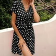 thumbnail image 5 of Fesfesfes Spring Dresses for Women Dot Print Short Sleeve Dress Lace Up Tight Waist V Neck Mini Dress Beach Sun Dress Ruffled Flowy Knee Length Dress, 5 of 5