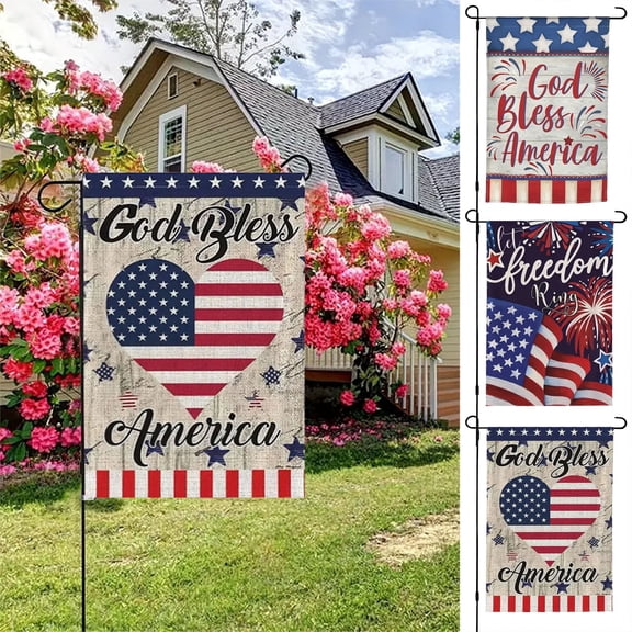 4th of July God Bless America Garden Flag,12 X 18 Inch Double Sided Strip and Star Heart Burlap Flags for Independence Day,Patriotic Rustic Memorial Day Banner for Yard Outdoor Holiday