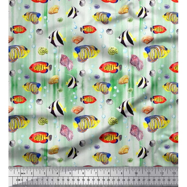 Soimoi Tissu Crêpe Polyester Poissons & Coquillages Imprimé Océan Tissu au Mètre 42 Pouces de Large
