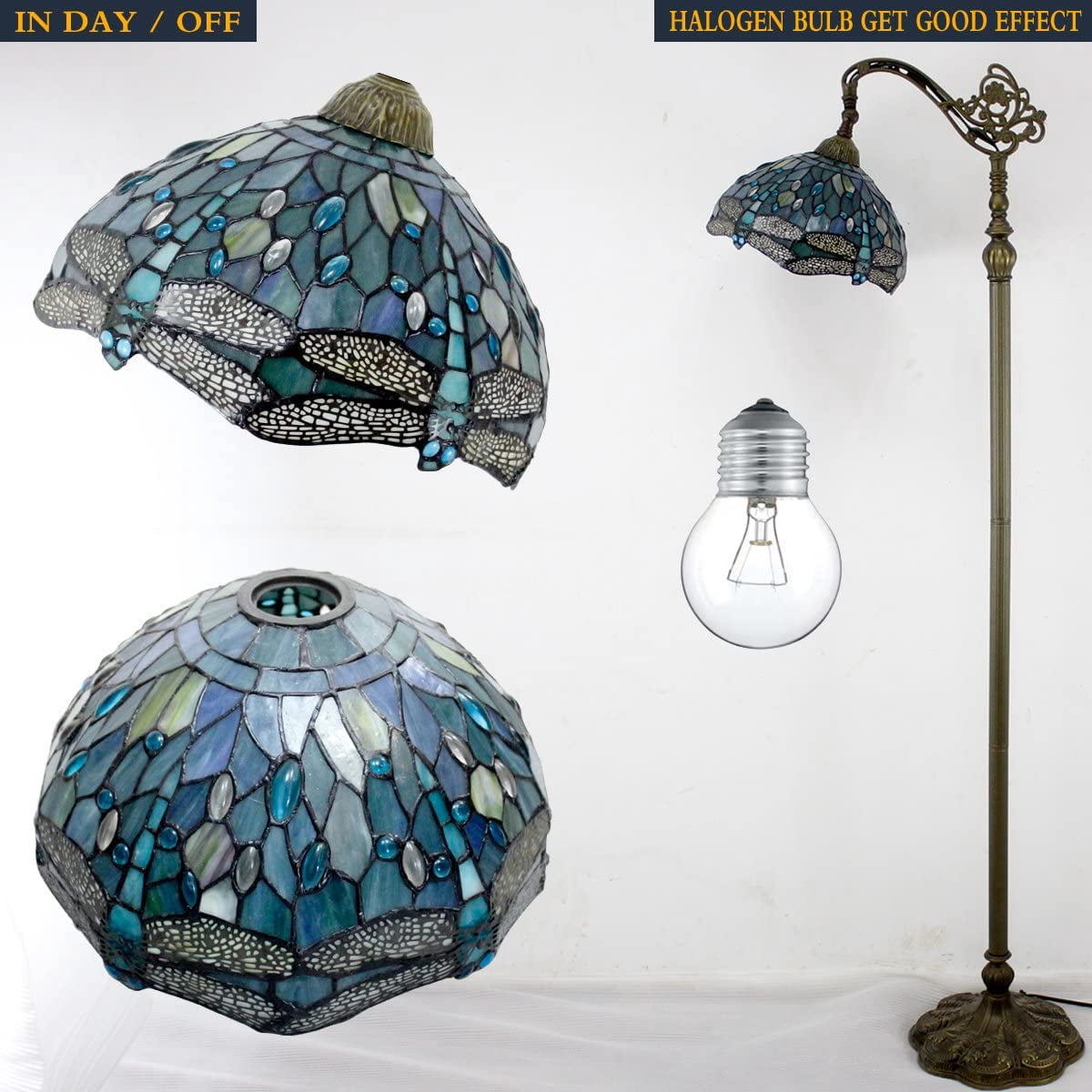 WERFACTORY 64" Victorian Bronze Antique Floor Lamp with Stained Glass Multicolor Dragonfly Bowl