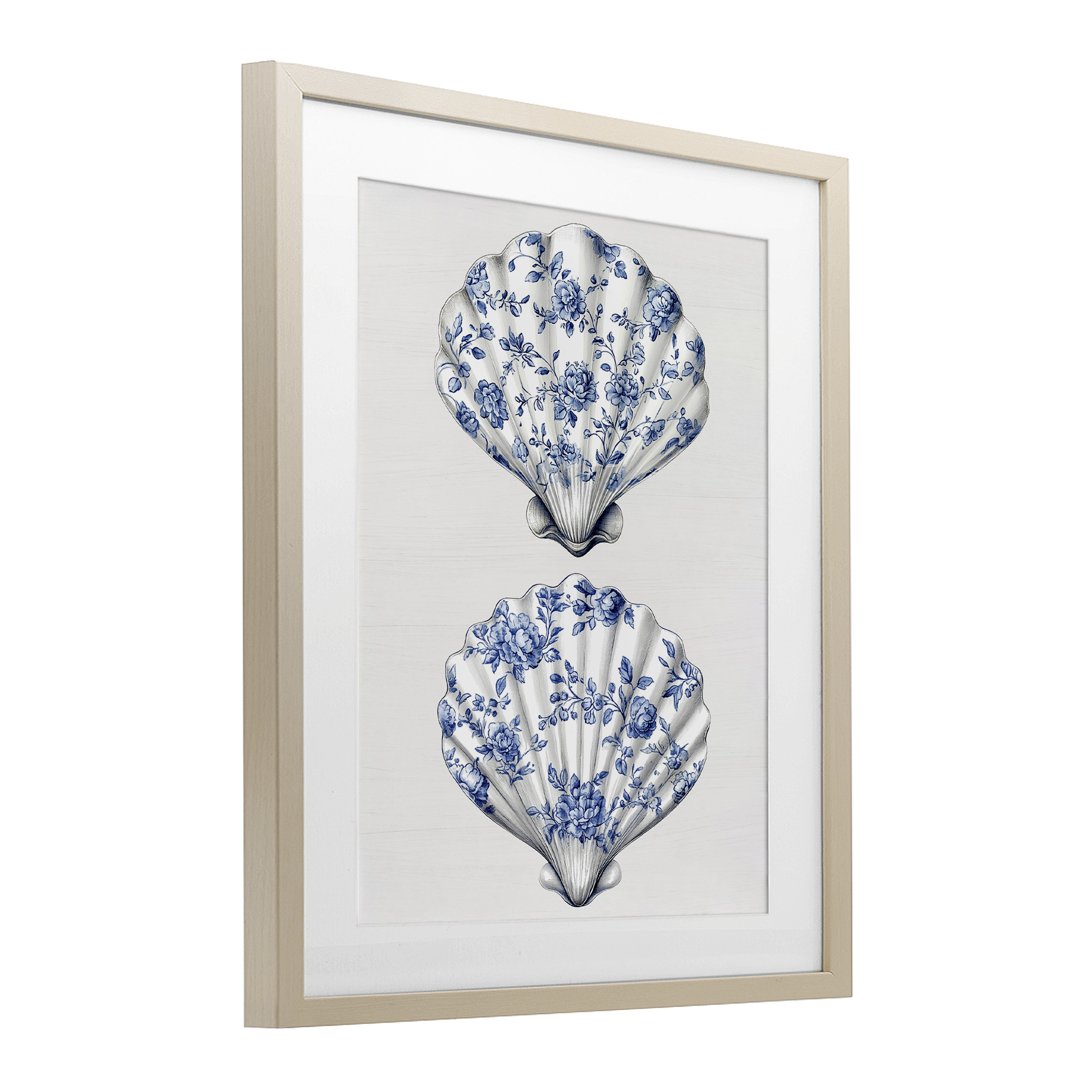 Delicate Toile Seashells Birch Framed Print Under Glass, design by Lettered and Lined