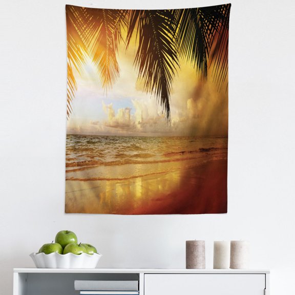 Beach Tapestry, Sunset on the Beach of Caribbean Sea Waves Coast with Palm Tree, Fabric Wall Hanging Decor for Bedroom Living Room Dorm, 5 Sizes, Dark Orange Pale Blue, by Ambesonne