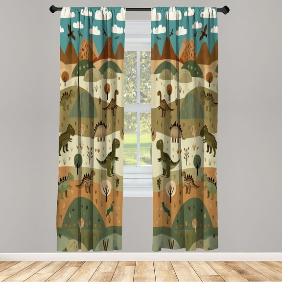 Ambesonne Dinosaur Curtains, Dino Land Mountain Cartoon, Pair of 28"x84", Khaki Salmon Redwood