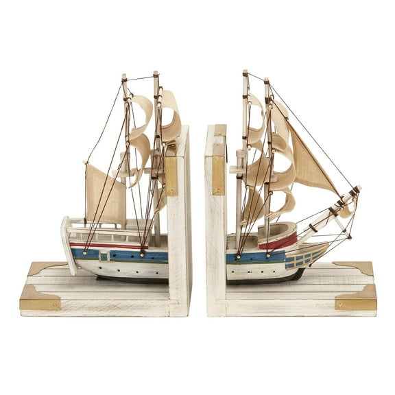 DecMode 6" Sail Boat White Wood Bookends with Real Boat Rigging and Gold Corners (Set of 2)