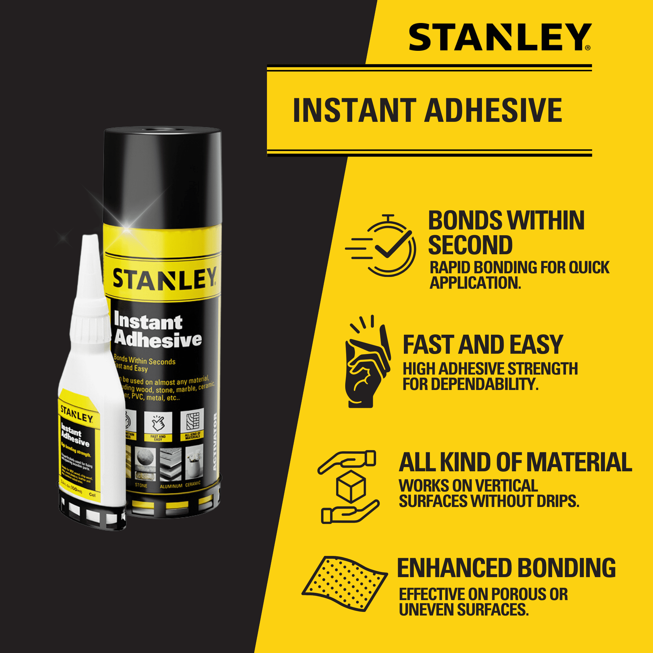 Stanley CA Glue with Activator Bundle, (3.4 oz. - 13.5 fl oz.) 6 Pack