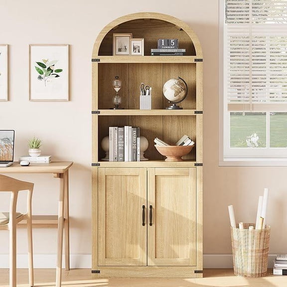 Bookcase with Doors Arched Bookshelf 71.65in Tall Bookcase Farmhouse Cabinet with Shelves Wooden Bookshelves for Home Office, Living Room (Light Oak)