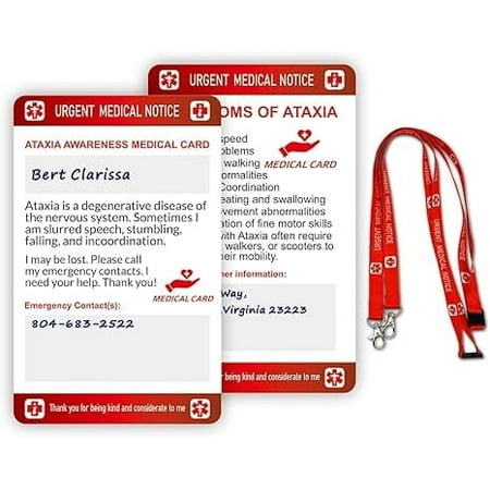 RAYCCI 2 Pcs Ataxia Medical Card with Writable Panel & Patterned Lanyard, Standard Size Emergency Contact Card