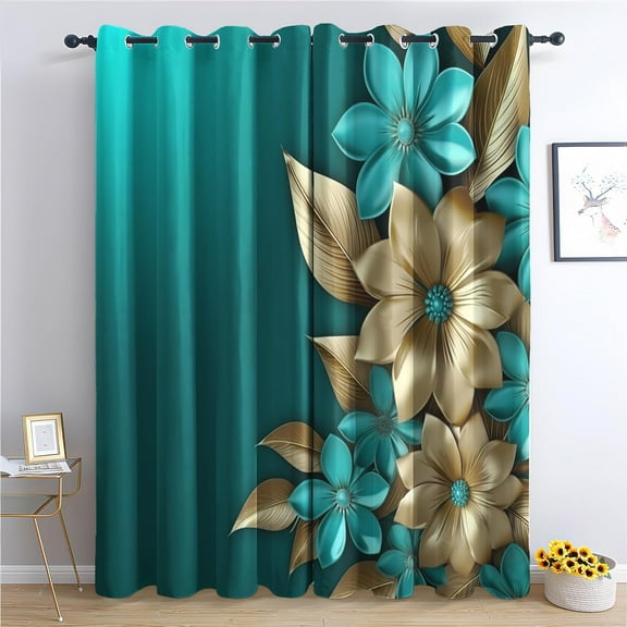 Turquoise Blackout Curtains For Bedroom Living Room, Teal And Gold Floral Curtains & Home Decor, Abstract Flower Window Curtains, Thermal Room Darkening Grommet Drapes 52"W x 84"L (Pack of 2)