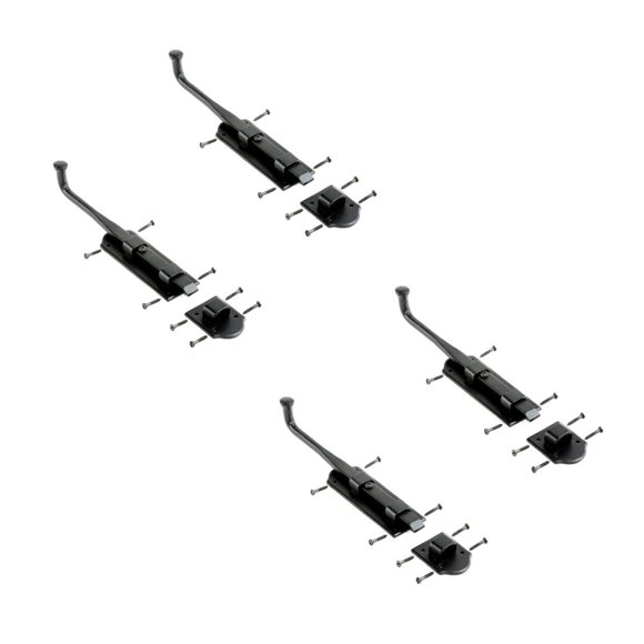 Renovators Supply Manufacturing Black Slide Bolt Door Latch 9 in. Long Black Iron Metal Sliding Bolts with Catch for Cabinet, Barn Doors Or Fence Rust Resistant Security Locks with Hardware Pack of 4