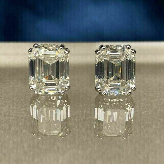 Solitaire Fancy 4Ct Emerald Cut Moissanite Women's Stud Earrings 14K White Gold Plated Silver Push Back