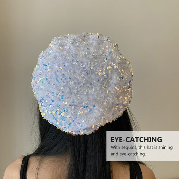 LOLIPPYY 1Pc White Winter Beret Sequin Fashion Hat Stylish Clothes Accessory for Autumn and Travel