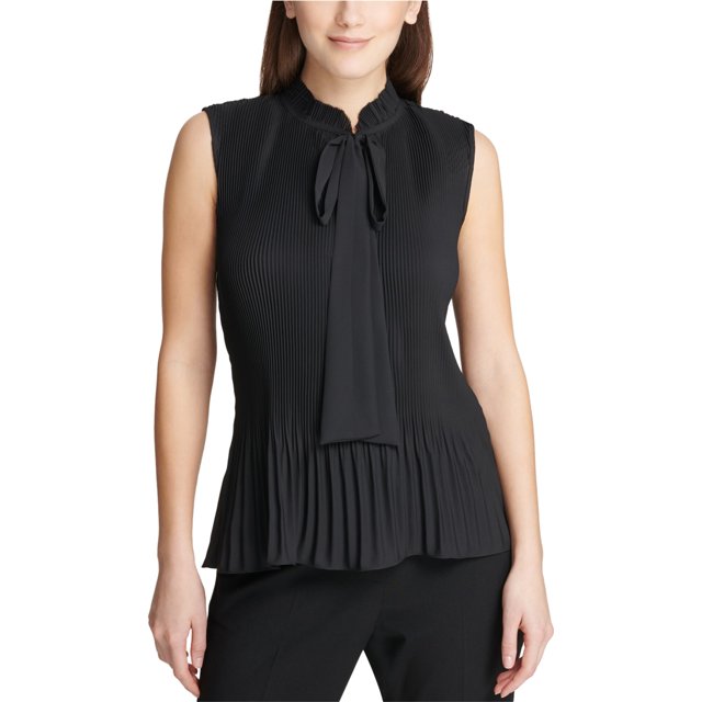DKNY blusa sin mangas con cuello anudado para mujer, negro, mediano
