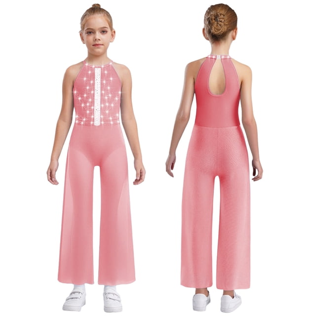 iiniim One Piece Rompers Overall for Girls Rhinestones Dance Bodysuit Disco Party Wide Leg Pants Playsuit Pink 14