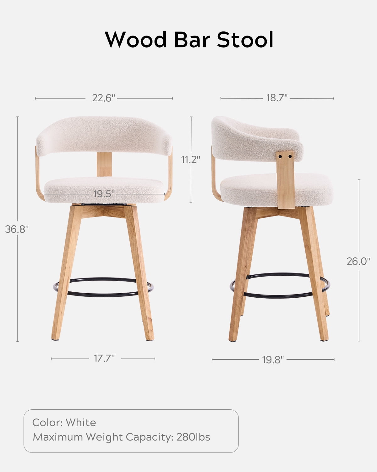 EYYTHUNG Swivel Boucle Barstool Set of 2, Mid Century Modern Dining Chairs with Arms and Wood Legs, Upholstered Kitchen Chairs, White and Natural Oak