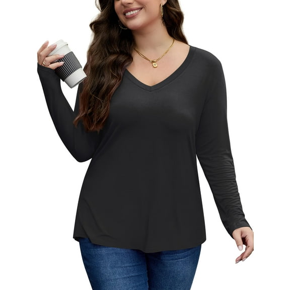 FlorCurve Plus Size T-Shirt for Women Long Sleeve V Neck Shirts Casual Rayon Tops, Black 3XL