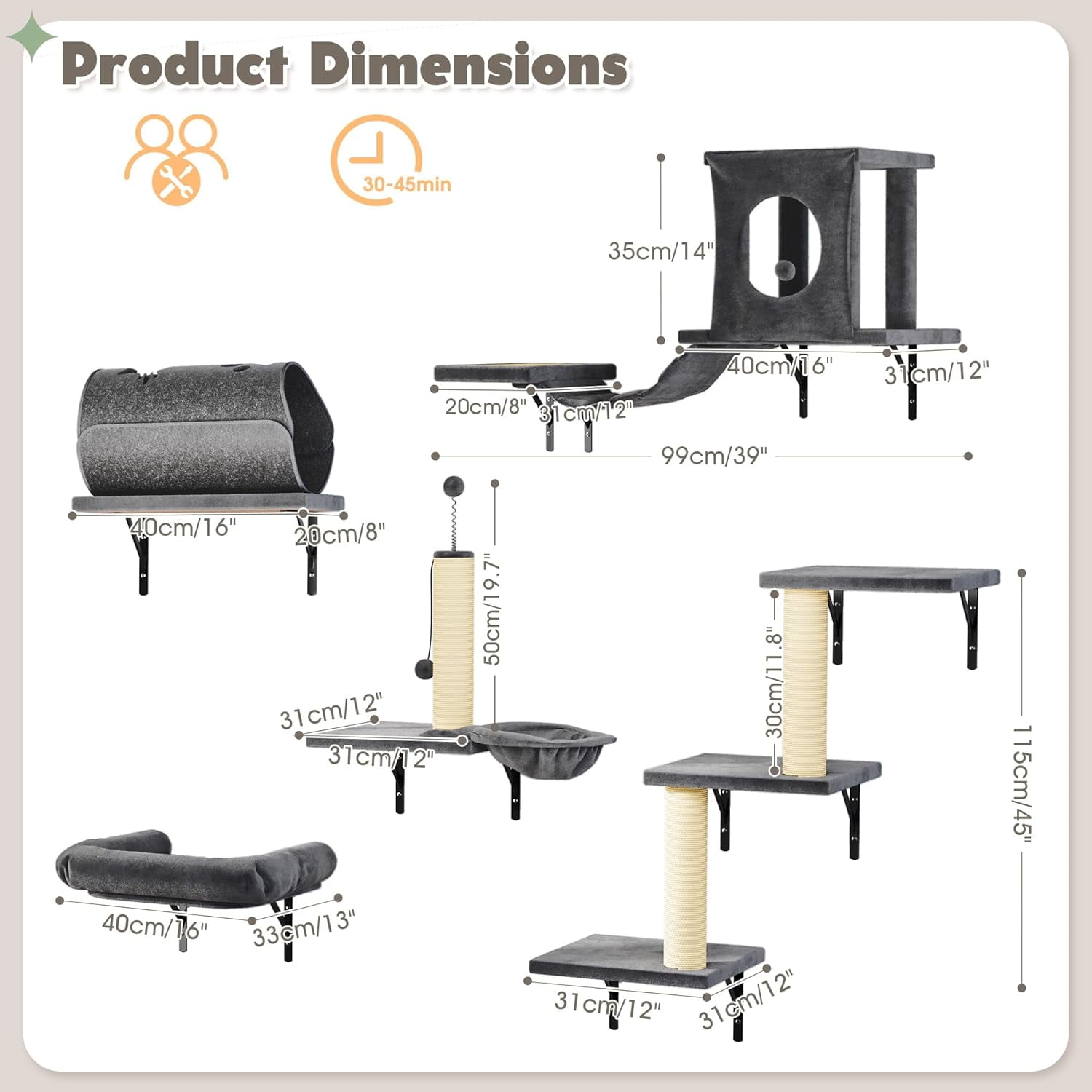 SONGMY 7-in-1 Wall Mounted Cat Climber Set, Cat Furniture Set with House, Bridge, Tree, Steps, Scratcher, DIY Playground, Shelves for Indoor Wall Furniture Set - Dark Gray