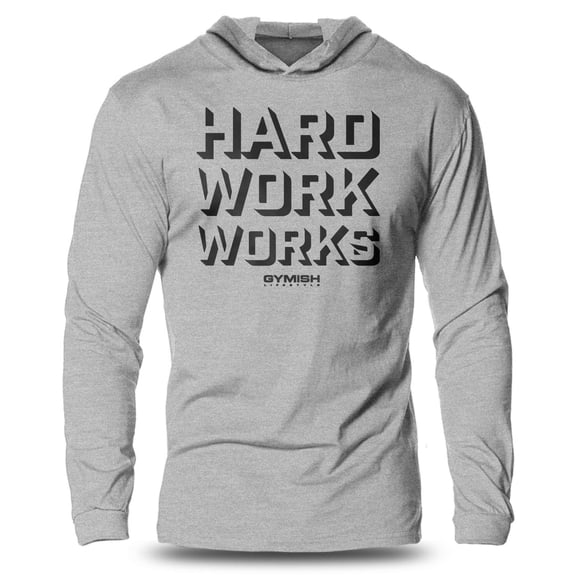 GYMISH Hard Work Lightweight Long Sleeve Hooded T-Shirt for Men – Motivational Workout Hoodie, Sport Grey, Small