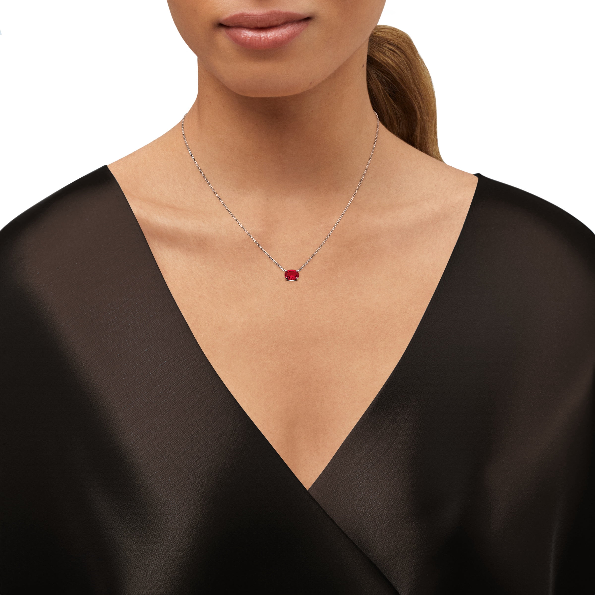 Brilliance Fine Jewelry Oval Created Ruby Necklace in Sterling Silver