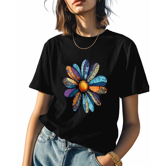 Colorful Daisy Flower Womens Tshirt Graphic Tees Cotton Crew Neck T-Shirts, Casual Short Sleeve Shirts for Women Teen Girl Watercolor Floral