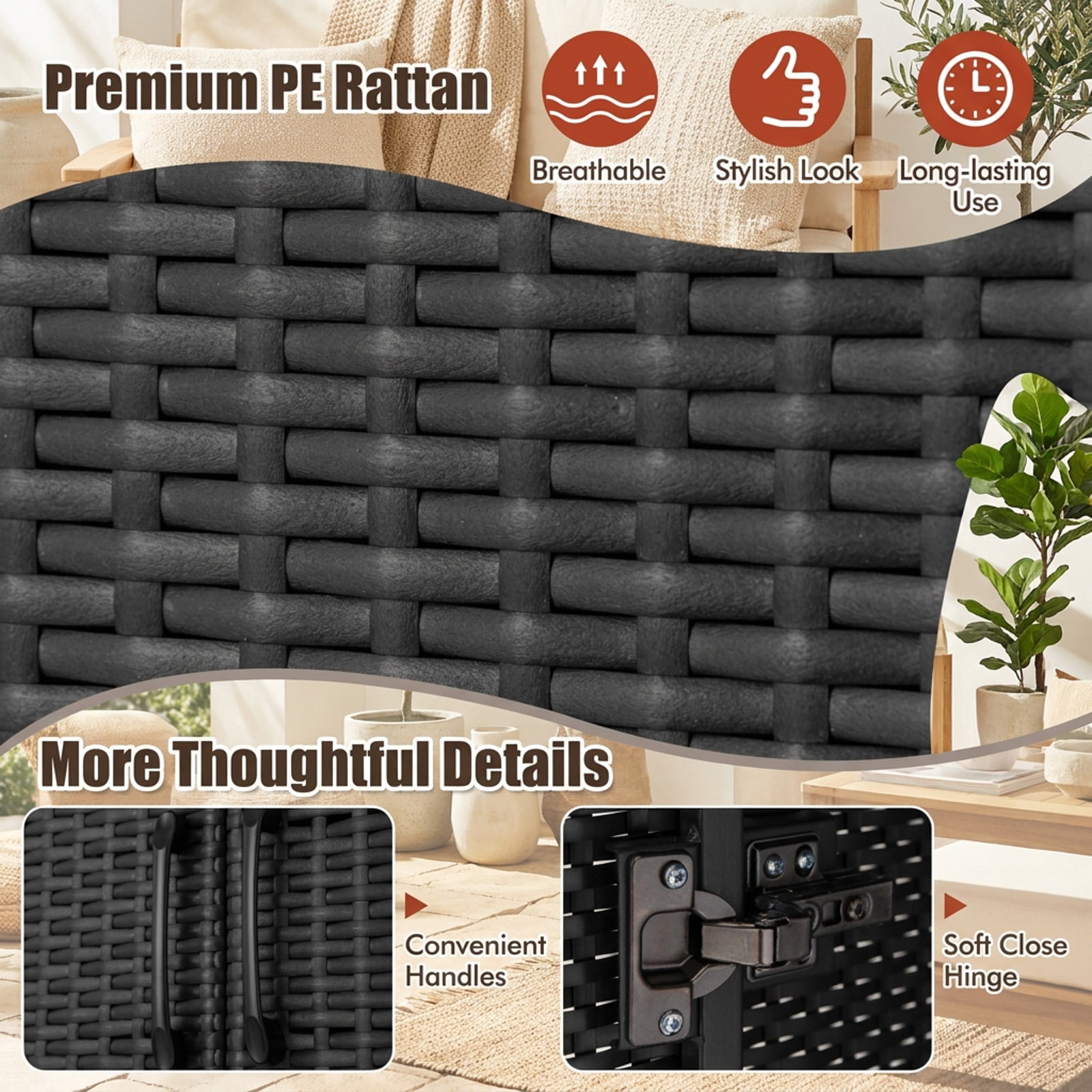 Furnibear 62 Inch Wicker Wardrobe with 2 Doors PE Rattan Closet with Hanging Rod for Bedroom Closet Clothes Wardrobe Storage Hanging, Black
