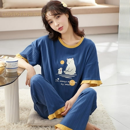 

QWZNDZGR Summer Knitted Cotton Elegant Pajamas Set Women Pyjamas Polka Dots Sleepwear Nightwear Pijama Mujer Plus Size Calf-Length Pants