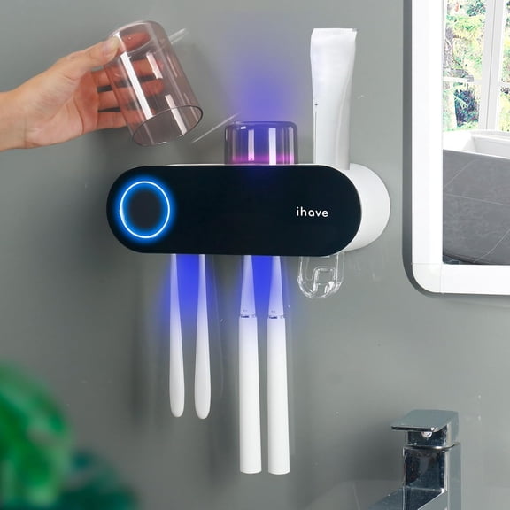 Toothbrush Holders for Bathrooms, UV Toothbrush Sanitizer and Holder Smart Home Bathroom Accessories, 2 Cups Electric Toothbrush Holder Wall Mounted with Toothpaste Dispenser Bathroom Decor